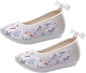 1 Pair Chinese Style Silk Shoes Hanfu Embroidered Shoes Women Shoes Ethnic Style Wedge Heel Hanfu Cloth Shoes Footwear (White 36)