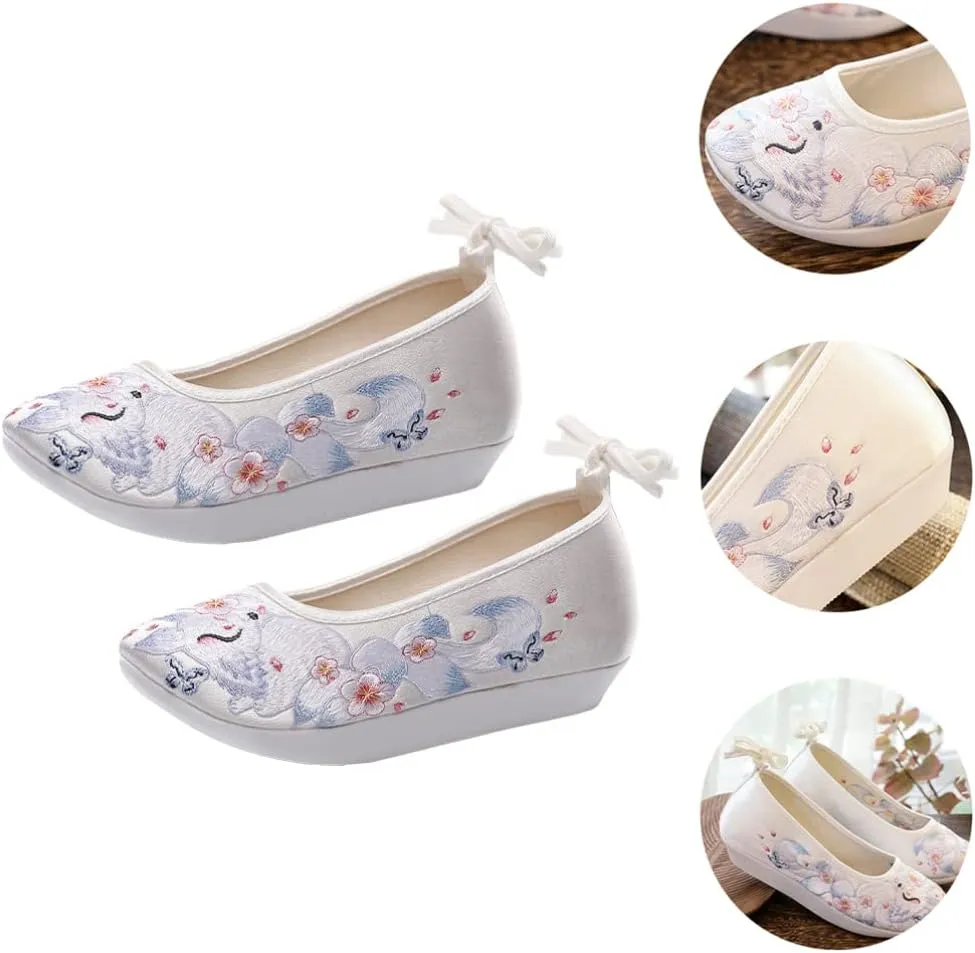 1 Pair Chinese Style Silk Shoes Hanfu Embroidered Shoes Women Shoes Ethnic Style Wedge Heel Hanfu Cloth Shoes Footwear (White 36)
