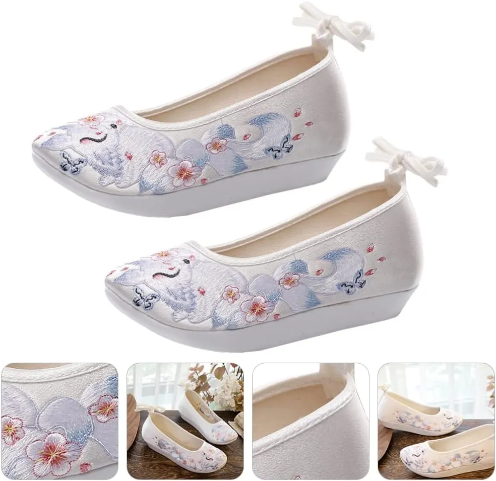 1 Pair Chinese Style Silk Shoes Hanfu Embroidered Shoes Women Shoes Ethnic Style Wedge Heel Hanfu Cloth Shoes Footwear (White 36)