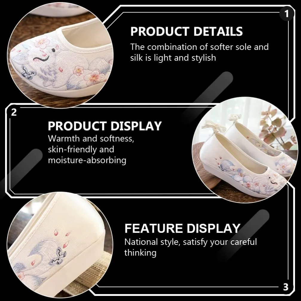 1 Pair Chinese Style Silk Shoes Hanfu Embroidered Shoes Women Shoes Ethnic Style Wedge Heel Hanfu Cloth Shoes Footwear (White 36)