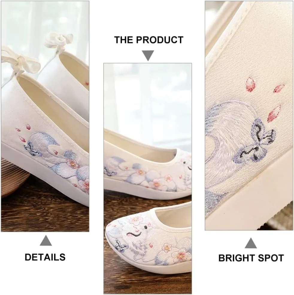 1 Pair Chinese Style Silk Shoes Hanfu Embroidered Shoes Women Shoes Ethnic Style Wedge Heel Hanfu Cloth Shoes Footwear (White 36)
