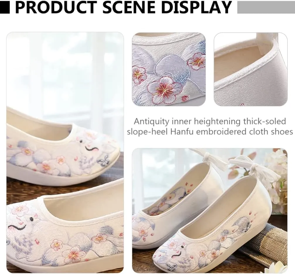 1 Pair Chinese Style Silk Shoes Hanfu Embroidered Shoes Women Shoes Ethnic Style Wedge Heel Hanfu Cloth Shoes Footwear (White 36)
