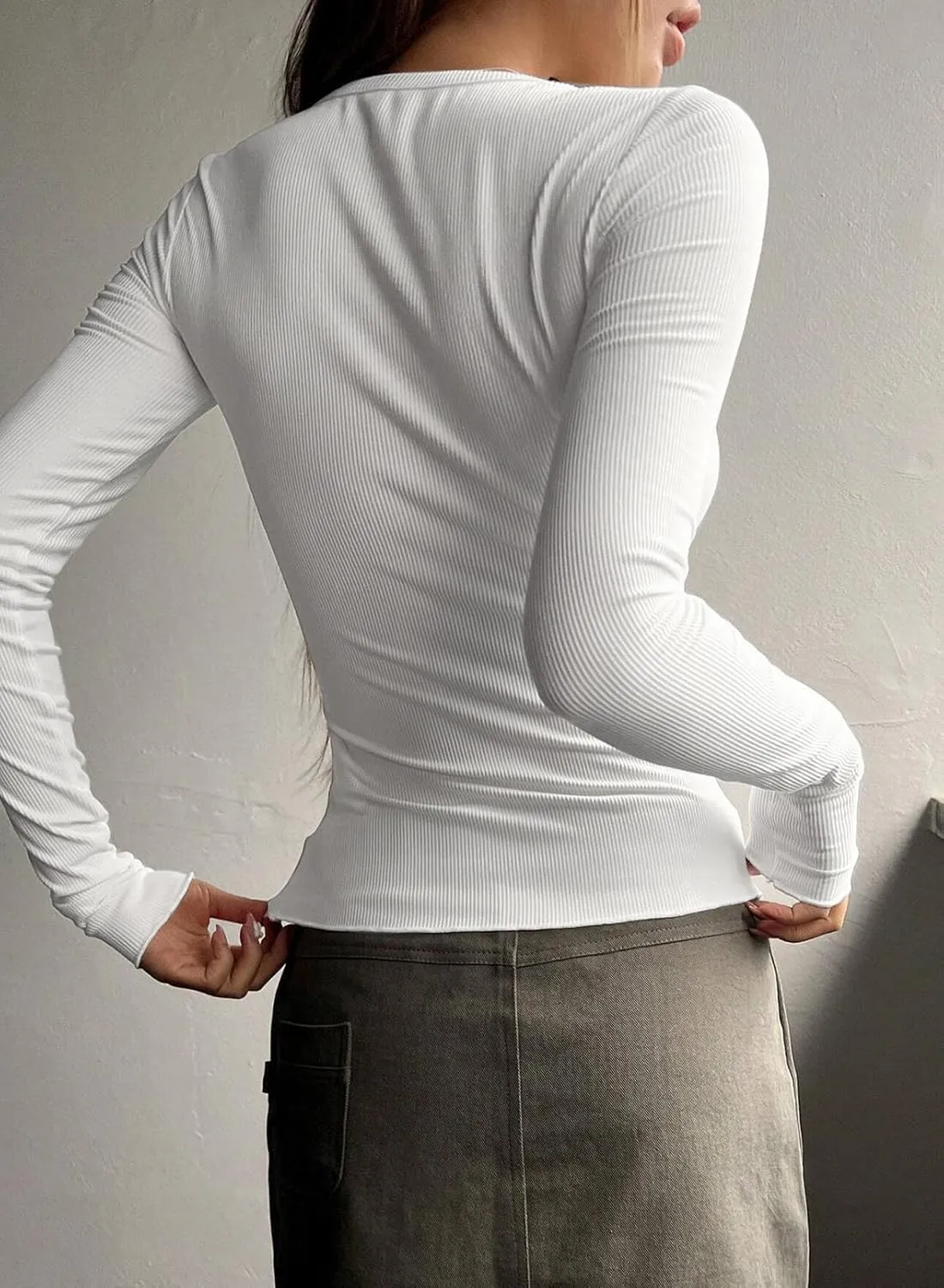 2024 Long Sleeve Shirts for Women V Neck Henley Tops Slim Fit Basic Ribbed Knit Button Down T Shirts Y2K Tops