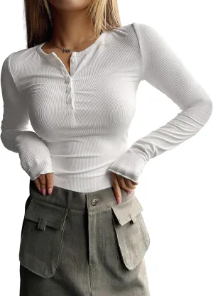 2024 Long Sleeve Shirts for Women V Neck Henley Tops Slim Fit Basic Ribbed Knit Button Down T Shirts Y2K Tops