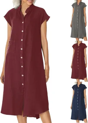 2025 Button Down Lapel Cotton Linen Dress Loose Fit Casual Beach Short Sleeve Shirt Dress for Daily Wear, Vacation