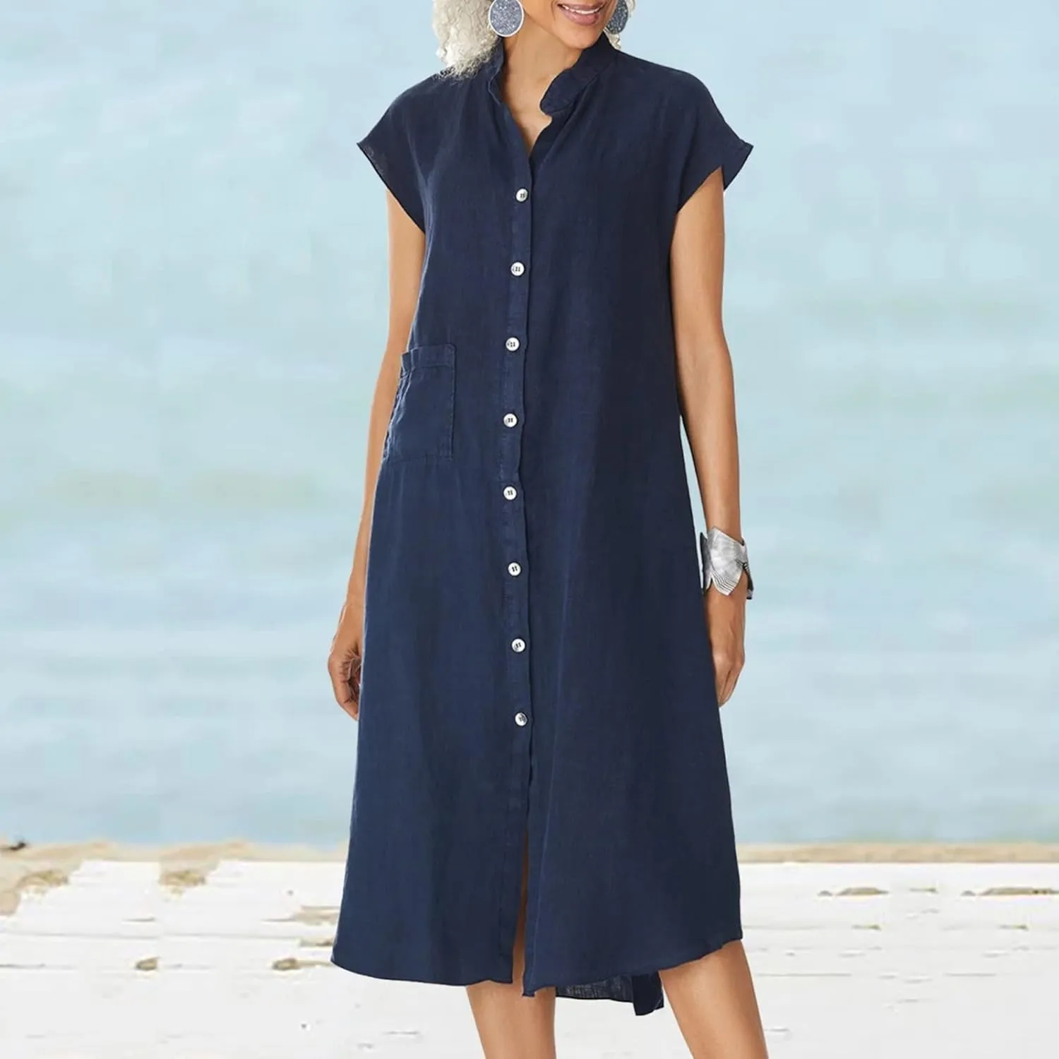 2025 Button Down Lapel Cotton Linen Dress Loose Fit Casual Beach Short Sleeve Shirt Dress for Daily Wear, Vacation