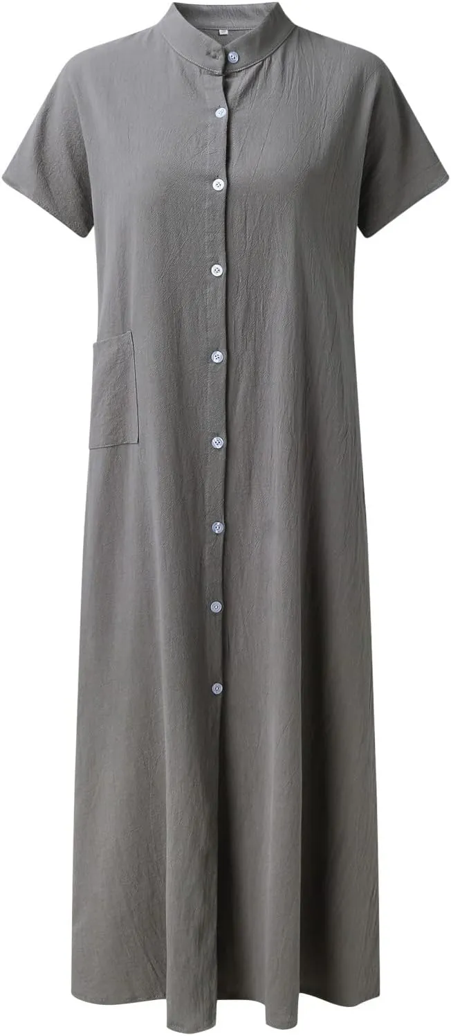 2025 Button Down Lapel Cotton Linen Dress Loose Fit Casual Beach Short Sleeve Shirt Dress for Daily Wear, Vacation