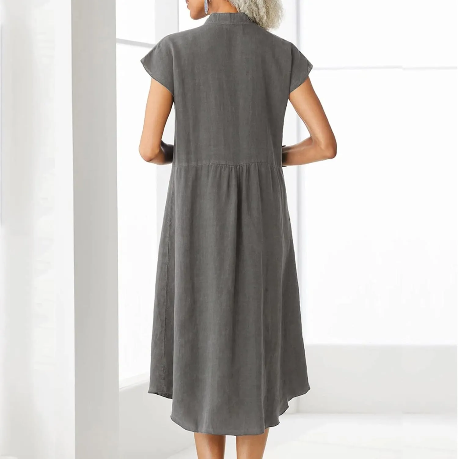 2025 Button Down Lapel Cotton Linen Dress Loose Fit Casual Beach Short Sleeve Shirt Dress for Daily Wear, Vacation