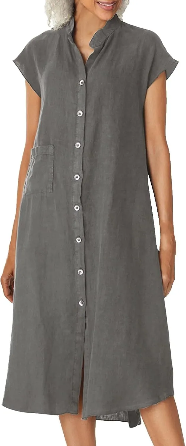 2025 Button Down Lapel Cotton Linen Dress Loose Fit Casual Beach Short Sleeve Shirt Dress for Daily Wear, Vacation