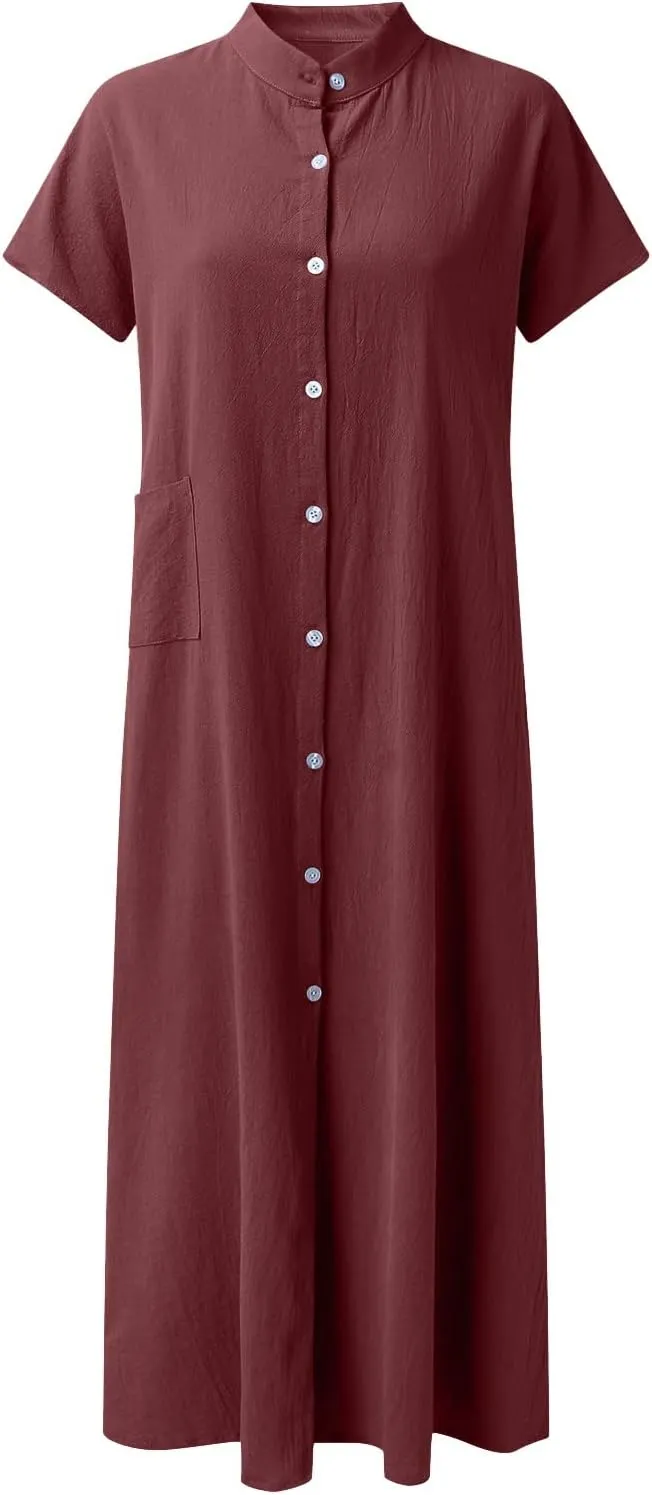 2025 Button Down Lapel Cotton Linen Dress Loose Fit Casual Beach Short Sleeve Shirt Dress for Daily Wear, Vacation