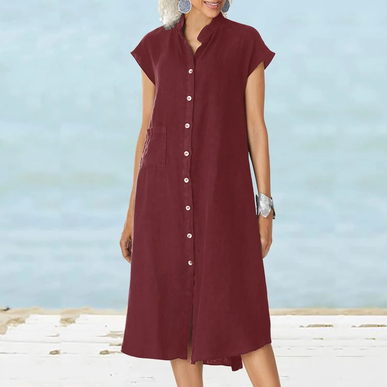 2025 Button Down Lapel Cotton Linen Dress Loose Fit Casual Beach Short Sleeve Shirt Dress for Daily Wear, Vacation
