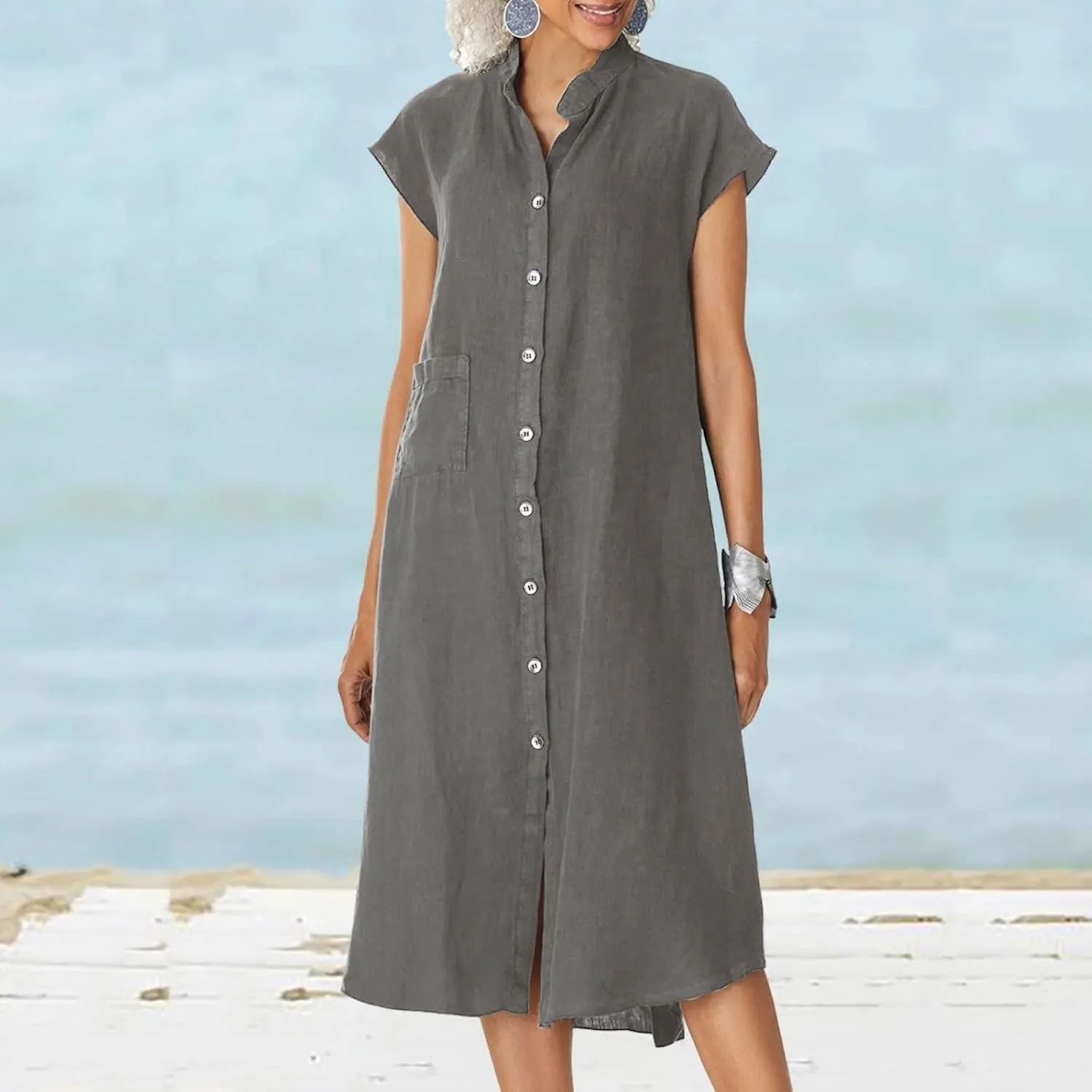 2025 Button Down Lapel Cotton Linen Dress Loose Fit Casual Beach Short Sleeve Shirt Dress for Daily Wear, Vacation