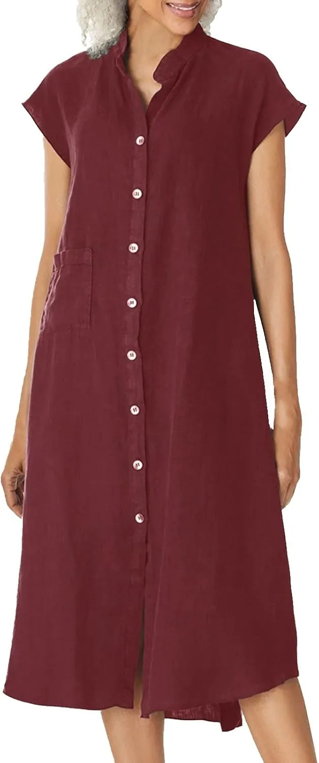 2025 Button Down Lapel Cotton Linen Dress Loose Fit Casual Beach Short Sleeve Shirt Dress for Daily Wear, Vacation