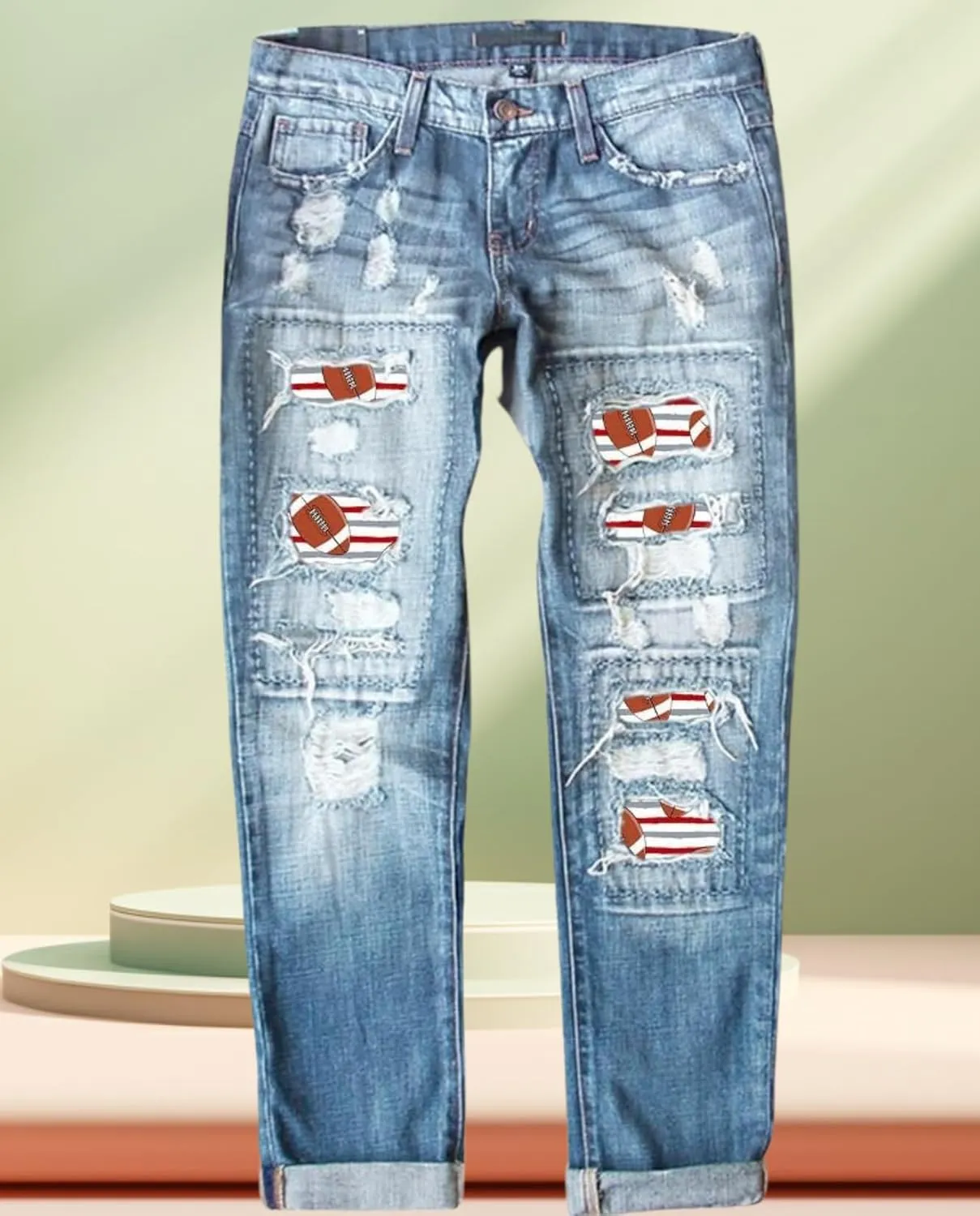 2025 New Women's Stretch Skinny Jeans Distressed Rips with Vintage Plaid Patches - Mid Rise Slimming Fit