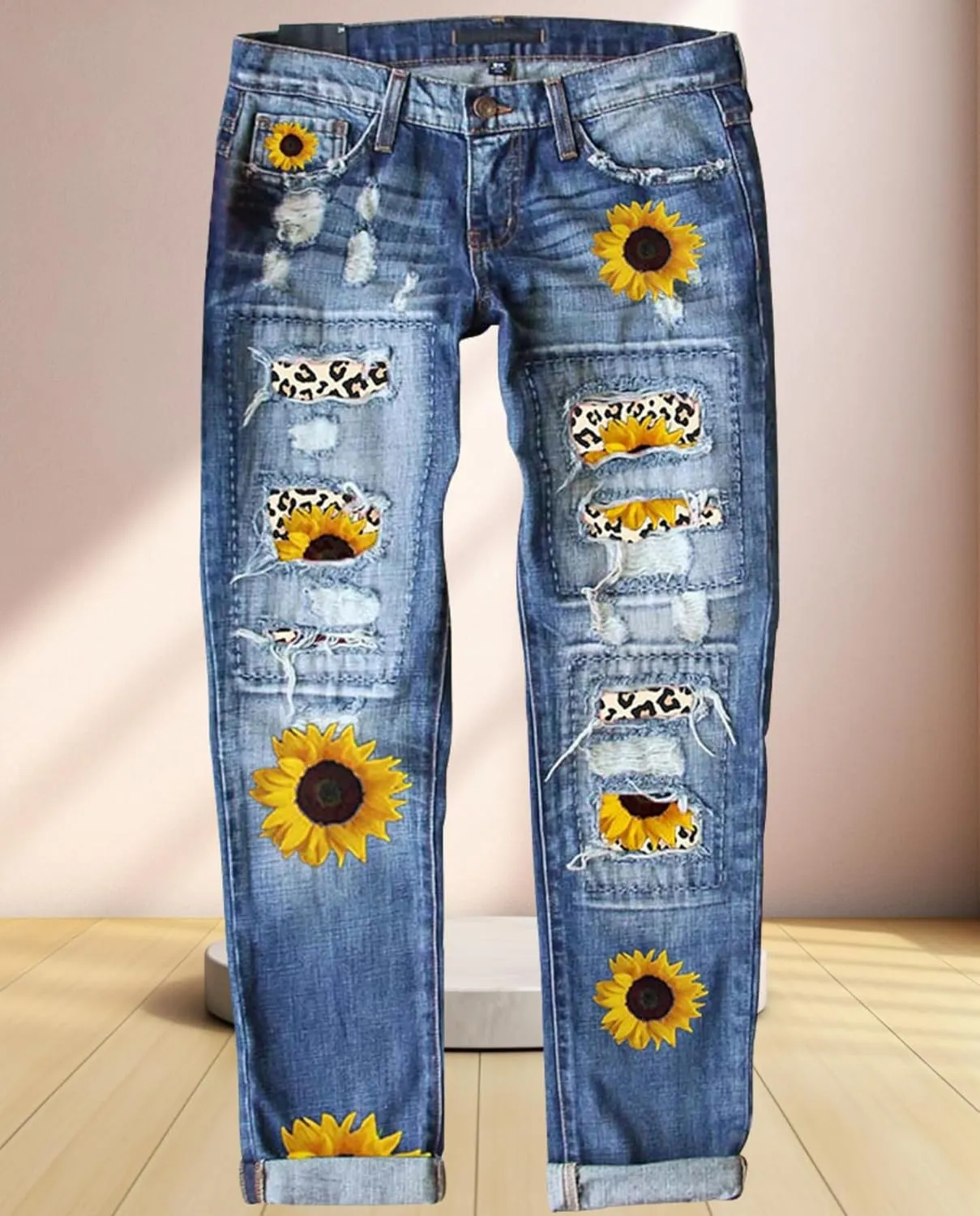 2025 New Women's Stretch Skinny Jeans Distressed Rips with Vintage Plaid Patches - Mid Rise Slimming Fit