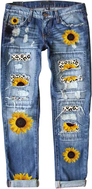 2025 New Women's Stretch Skinny Jeans Distressed Rips with Vintage Plaid Patches - Mid Rise Slimming Fit