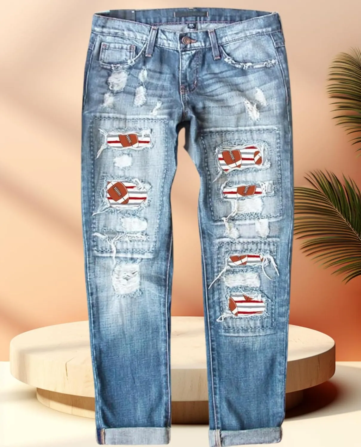 2025 New Women's Stretch Skinny Jeans Distressed Rips with Vintage Plaid Patches - Mid Rise Slimming Fit