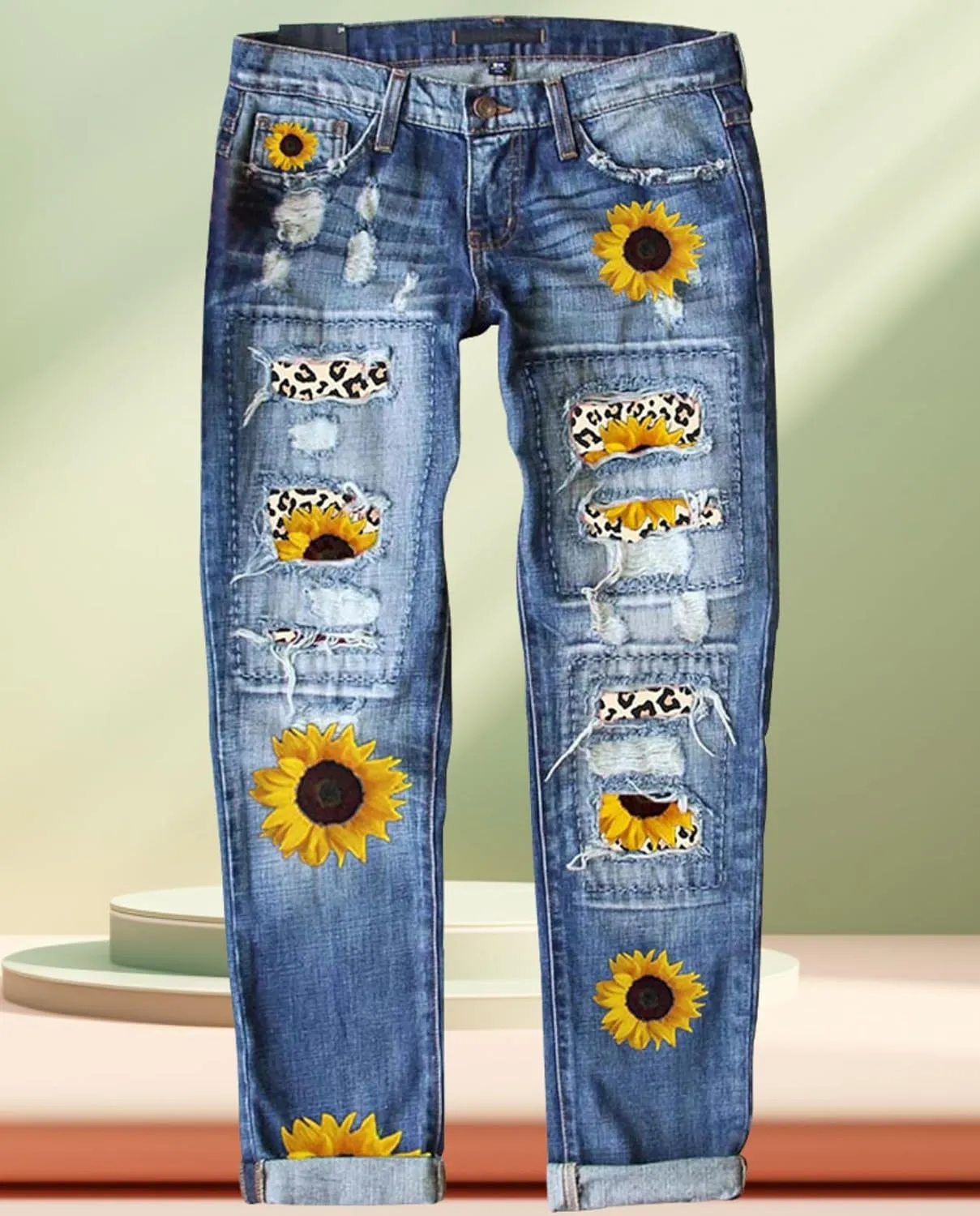 2025 New Women's Stretch Skinny Jeans Distressed Rips with Vintage Plaid Patches - Mid Rise Slimming Fit