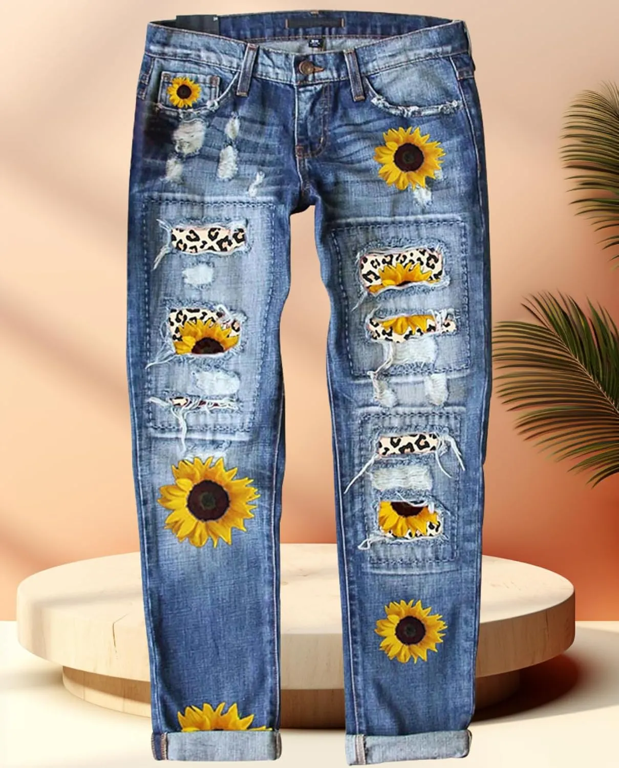 2025 New Women's Stretch Skinny Jeans Distressed Rips with Vintage Plaid Patches - Mid Rise Slimming Fit