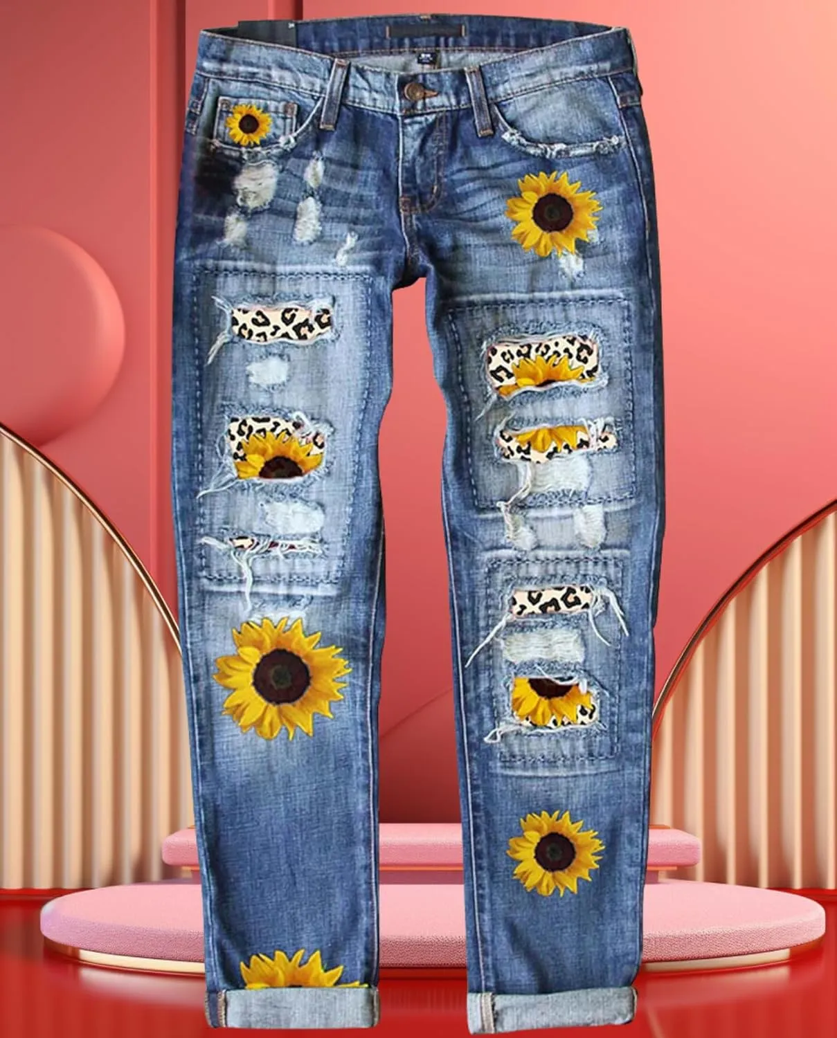 2025 New Women's Stretch Skinny Jeans Distressed Rips with Vintage Plaid Patches - Mid Rise Slimming Fit