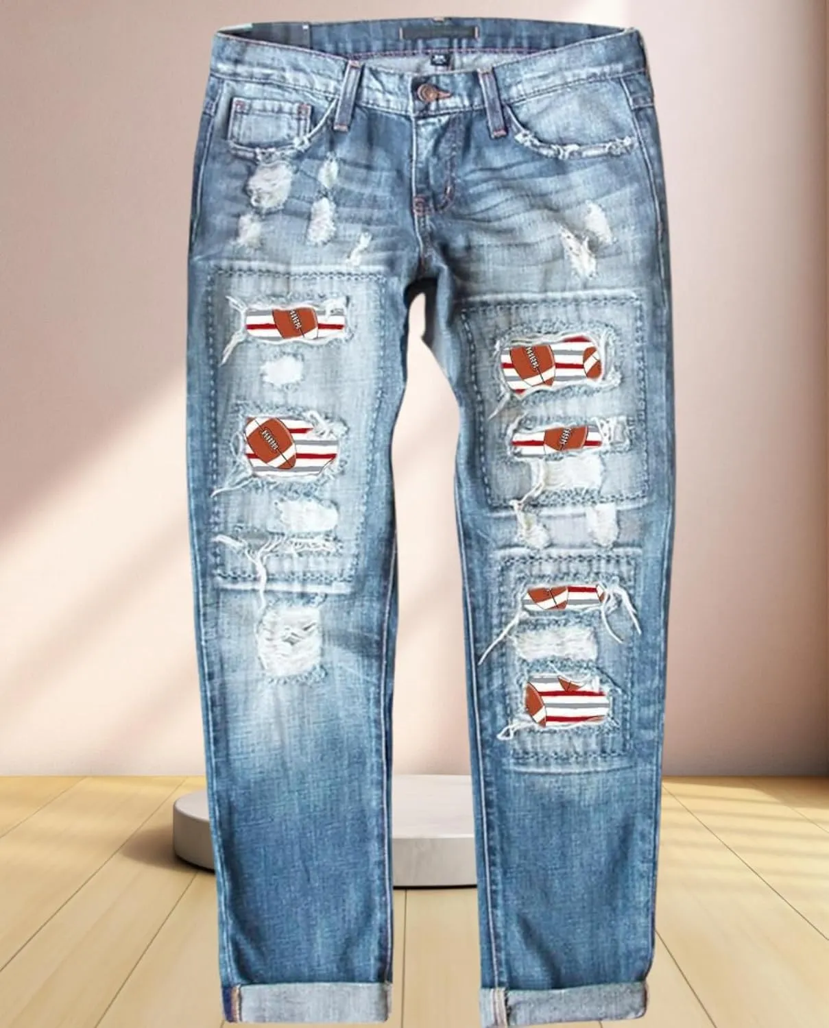 2025 New Women's Stretch Skinny Jeans Distressed Rips with Vintage Plaid Patches - Mid Rise Slimming Fit