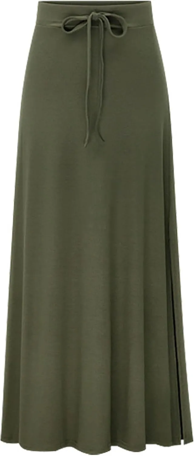 2025 Womens Elastic Waist Maxi Skirt Solid Color Drawstring Pleated Casual Trendy Lightweight Loose Fit Skirts