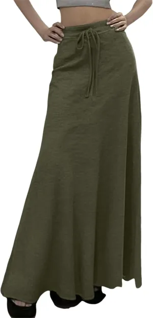 2025 Womens Elastic Waist Maxi Skirt Solid Color Drawstring Pleated Casual Trendy Lightweight Loose Fit Skirts