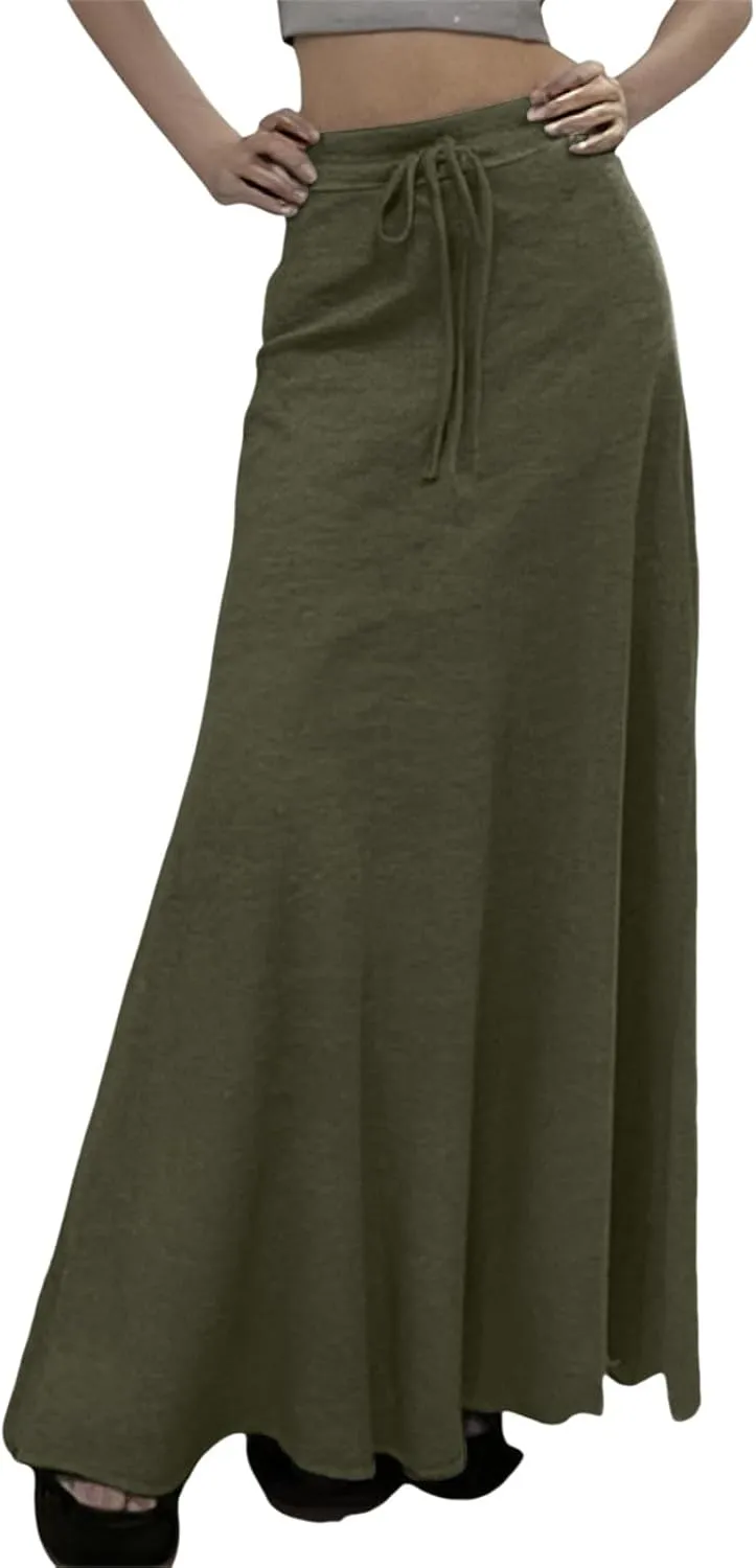 2025 Womens Elastic Waist Maxi Skirt Solid Color Drawstring Pleated Casual Trendy Lightweight Loose Fit Skirts