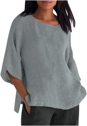 3/4 Sleeve Linen Shirts for Womens Spring Plus Size Solid Crewneck Going Out Tops Summer Beach Vacation Outfits 2025
