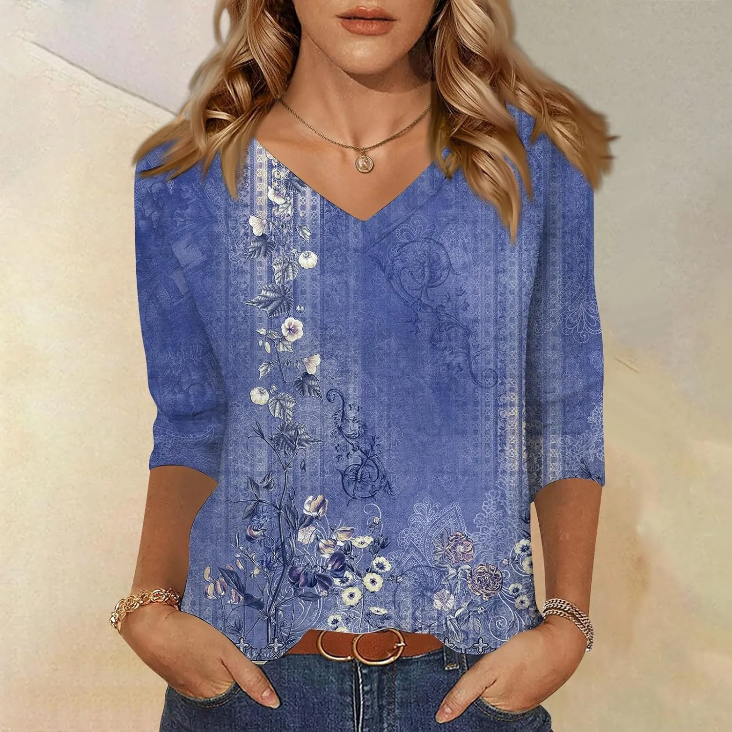 3/4 Sleeve Shirts for Women Cute Solid Floral Graphic V Neck Tunic Tees Blouses Casual Plus Size Basic Tops Pullover