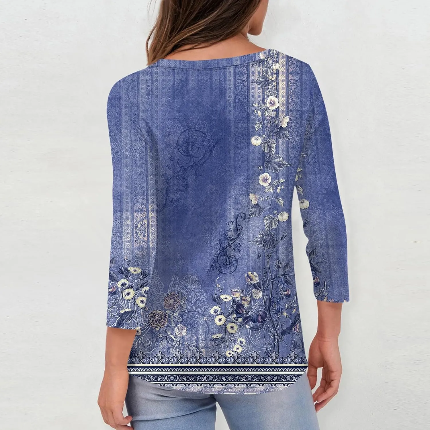 3/4 Sleeve Shirts for Women Cute Solid Floral Graphic V Neck Tunic Tees Blouses Casual Plus Size Basic Tops Pullover