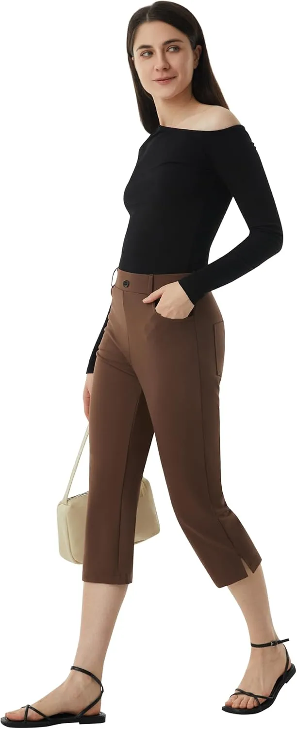 AFITNE Women's Pull On Capri Pants Dress Yoga Pants with Pockets High Waist Stretch Business Work Casual Cropped Slacks 21"