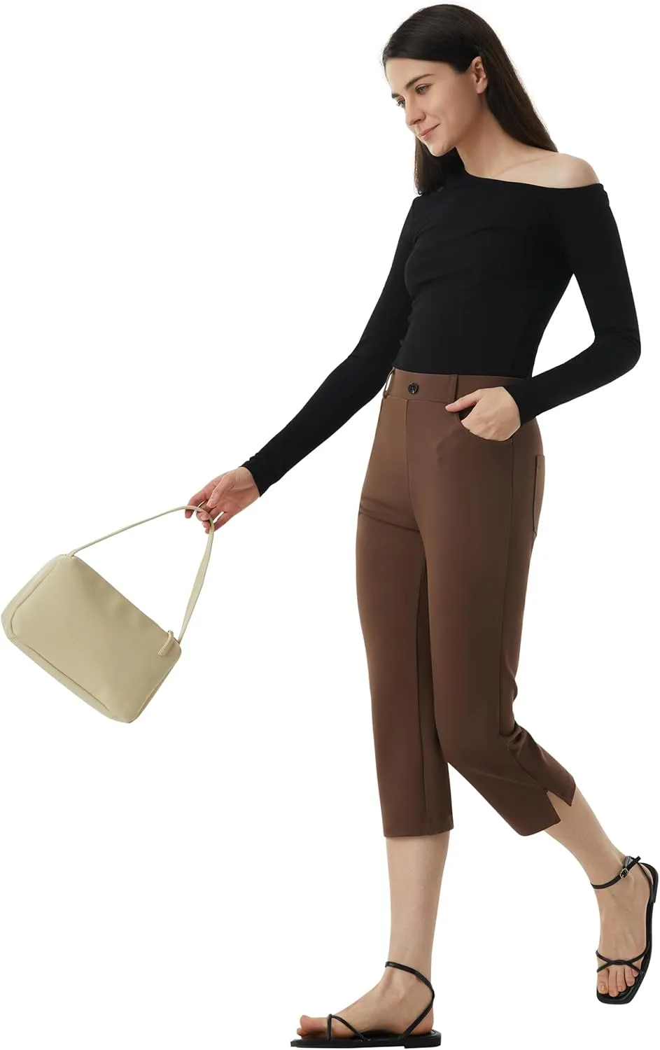 AFITNE Women's Pull On Capri Pants Dress Yoga Pants with Pockets High Waist Stretch Business Work Casual Cropped Slacks 21"