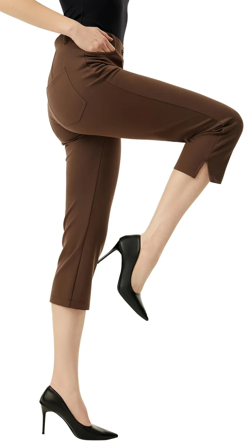 AFITNE Women's Pull On Capri Pants Dress Yoga Pants with Pockets High Waist Stretch Business Work Casual Cropped Slacks 21"