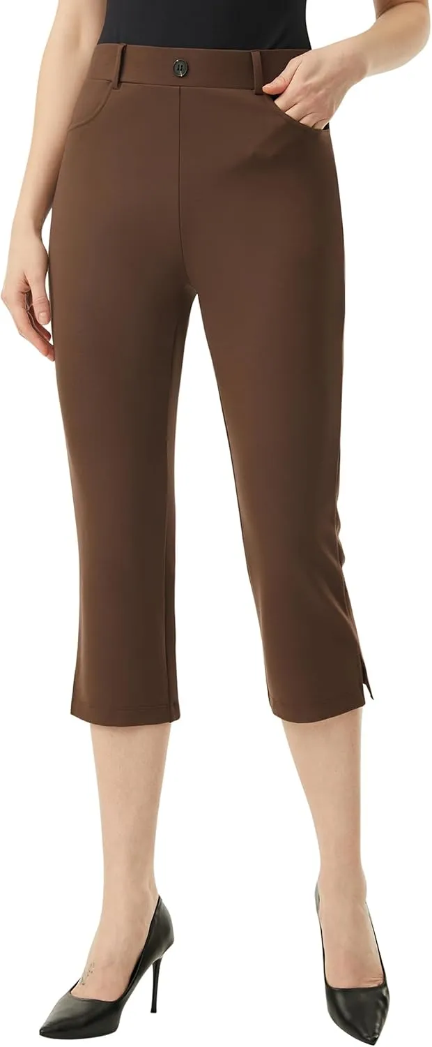 AFITNE Women's Pull On Capri Pants Dress Yoga Pants with Pockets High Waist Stretch Business Work Casual Cropped Slacks 21"