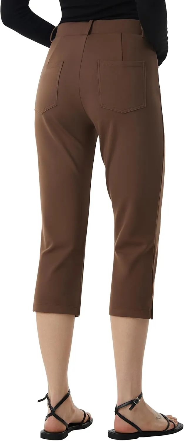 AFITNE Women's Pull On Capri Pants Dress Yoga Pants with Pockets High Waist Stretch Business Work Casual Cropped Slacks 21"