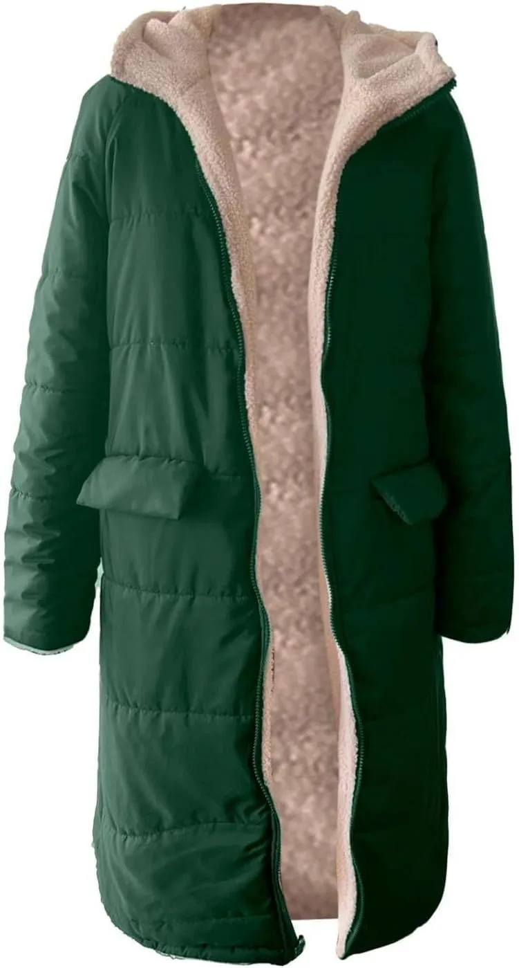 Akivide Womens Fleece Lined Long Jackets Casual Long Sleeve Full Zip Hooded Padded Coat Oversized Winter Warm Coat Outerwear