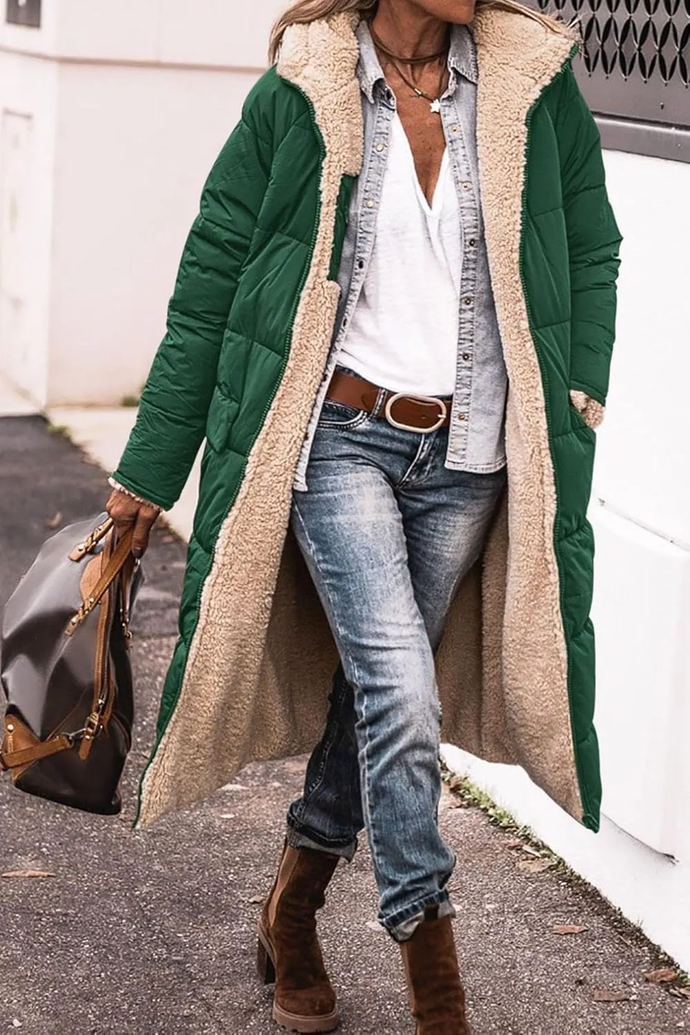 Akivide Womens Fleece Lined Long Jackets Casual Long Sleeve Full Zip Hooded Padded Coat Oversized Winter Warm Coat Outerwear
