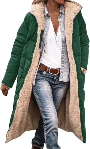 Akivide Womens Fleece Lined Long Jackets Casual Long Sleeve Full Zip Hooded Padded Coat Oversized Winter Warm Coat Outerwear