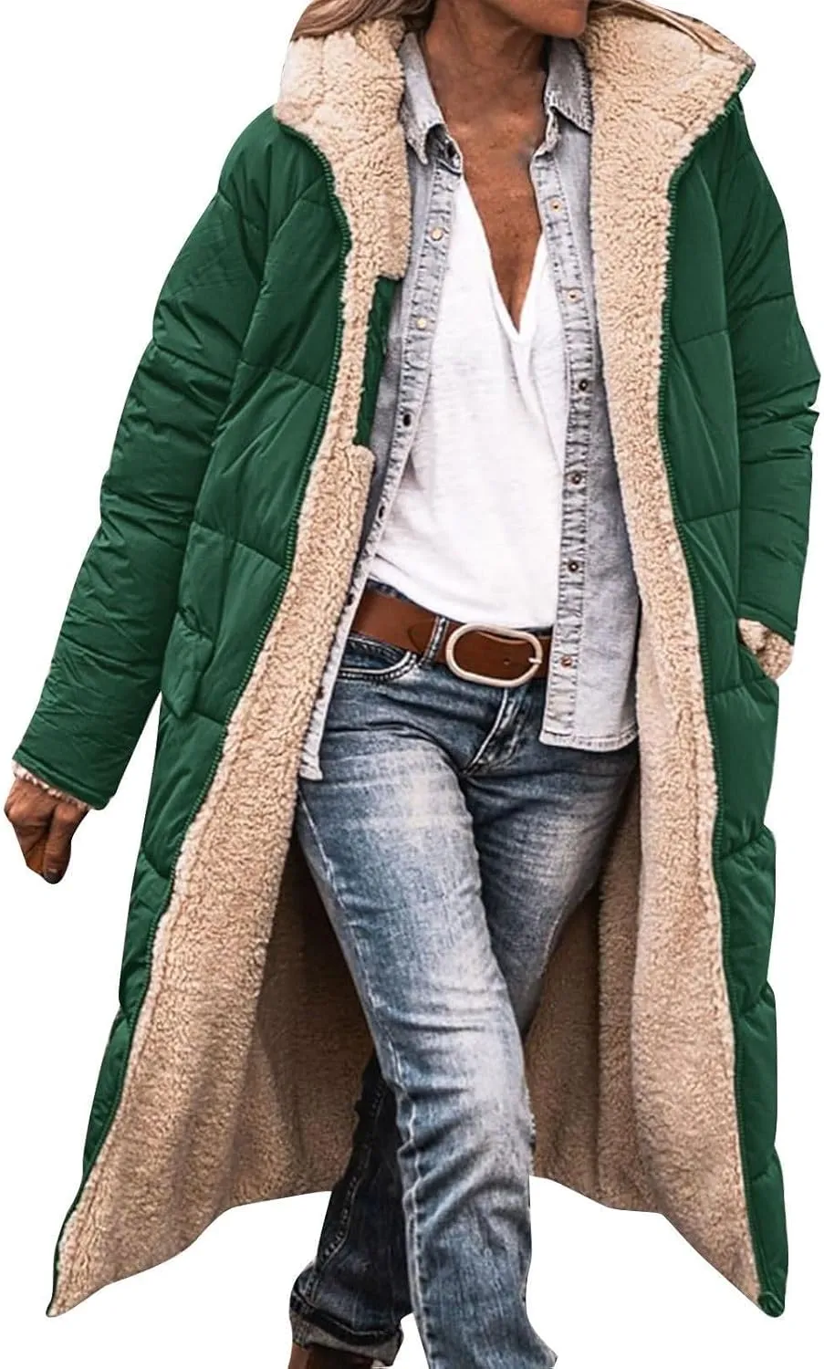 Akivide Womens Fleece Lined Long Jackets Casual Long Sleeve Full Zip Hooded Padded Coat Oversized Winter Warm Coat Outerwear