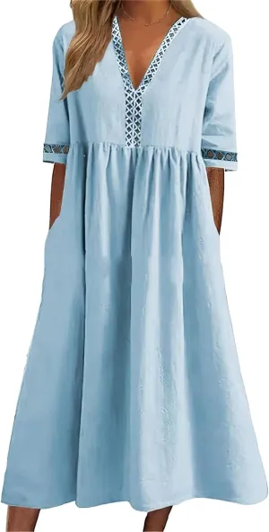 Akivide Women's Summer Cotton Linen Short Sleeve Maxi Dress Flowy Casual Loose Pleated Beach Tshirt Dress with Pockets