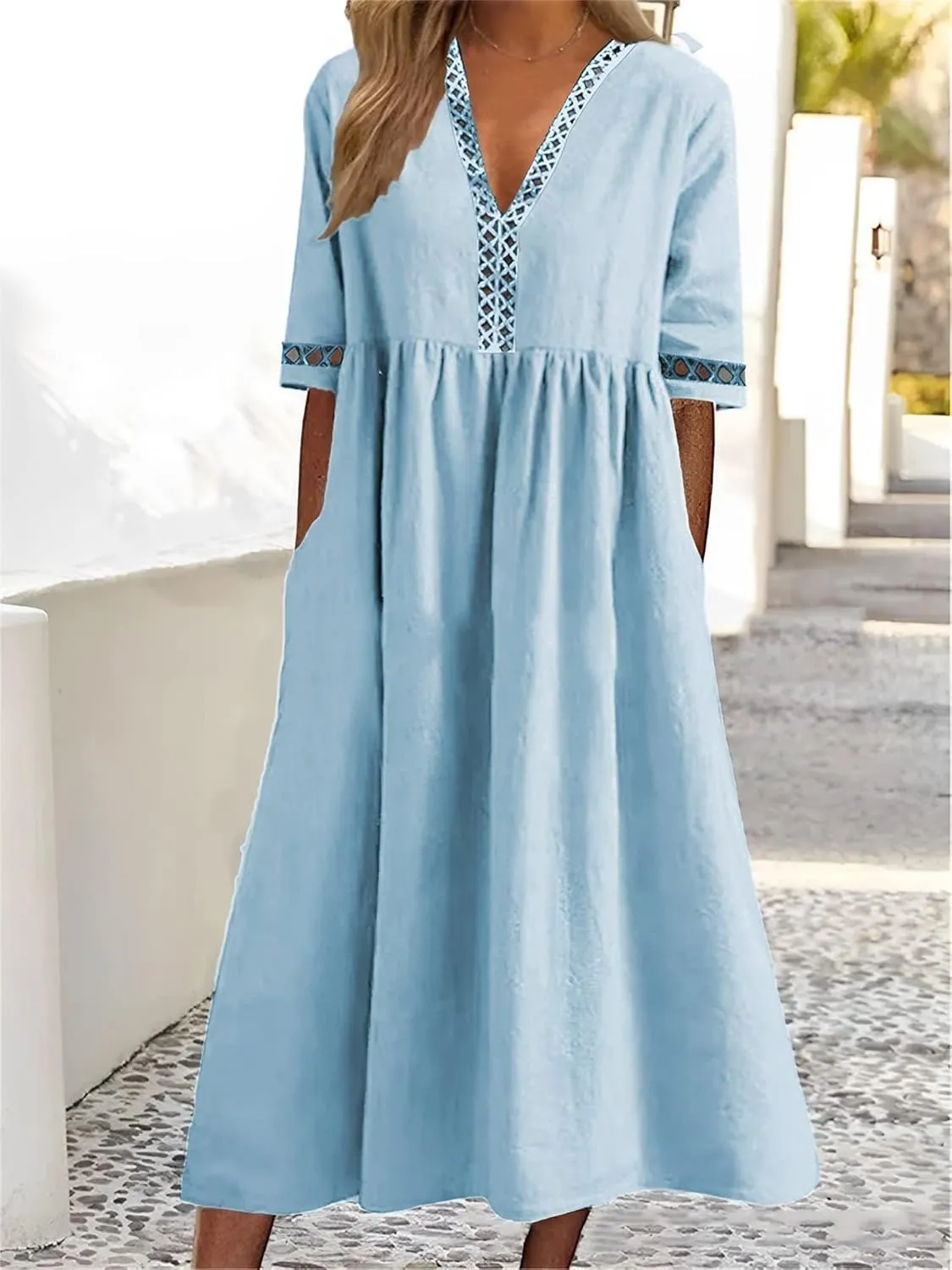 Akivide Women's Summer Cotton Linen Short Sleeve Maxi Dress Flowy Casual Loose Pleated Beach Tshirt Dress with Pockets