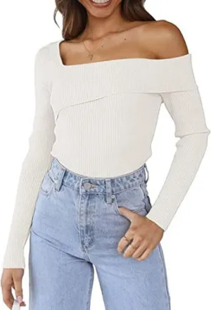 Argeousgor Women Sexy Off Shoulder Long Sleeve Crop Top Tees Slim Fit Ribbed Knit Crop Shirts Y2k Streetwear