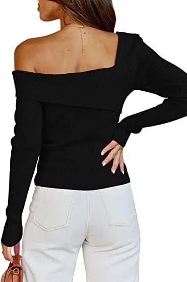 Argeousgor Women Sexy Off Shoulder Long Sleeve Crop Top Tees Slim Fit Ribbed Knit Crop Shirts Y2k Streetwear