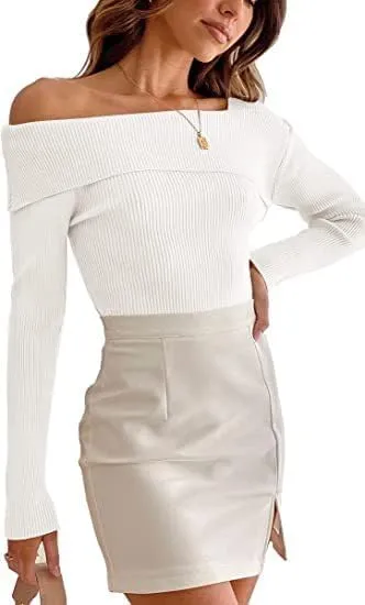 Argeousgor Women Sexy Off Shoulder Long Sleeve Crop Top Tees Slim Fit Ribbed Knit Crop Shirts Y2k Streetwear