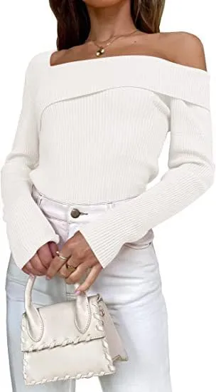 Argeousgor Women Sexy Off Shoulder Long Sleeve Crop Top Tees Slim Fit Ribbed Knit Crop Shirts Y2k Streetwear