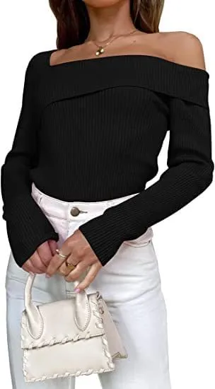 Argeousgor Women Sexy Off Shoulder Long Sleeve Crop Top Tees Slim Fit Ribbed Knit Crop Shirts Y2k Streetwear