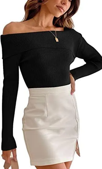 Argeousgor Women Sexy Off Shoulder Long Sleeve Crop Top Tees Slim Fit Ribbed Knit Crop Shirts Y2k Streetwear