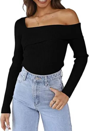 Argeousgor Women Sexy Off Shoulder Long Sleeve Crop Top Tees Slim Fit Ribbed Knit Crop Shirts Y2k Streetwear