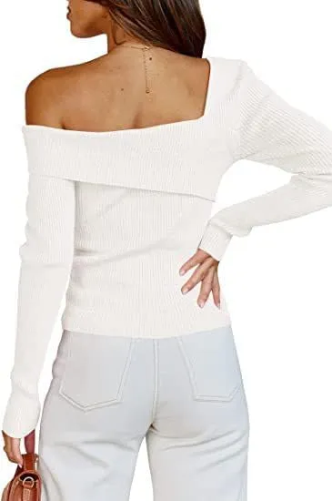 Argeousgor Women Sexy Off Shoulder Long Sleeve Crop Top Tees Slim Fit Ribbed Knit Crop Shirts Y2k Streetwear